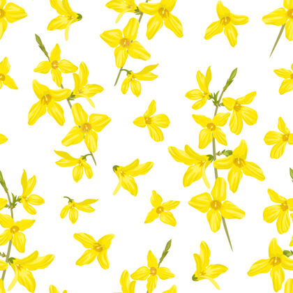 扁平黄色春花连翘无缝图案卡通花花朵