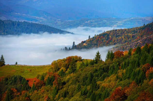 秋天的风景美丽的秋天风景在山上的卡尔帕蒂在前面距离自然季节