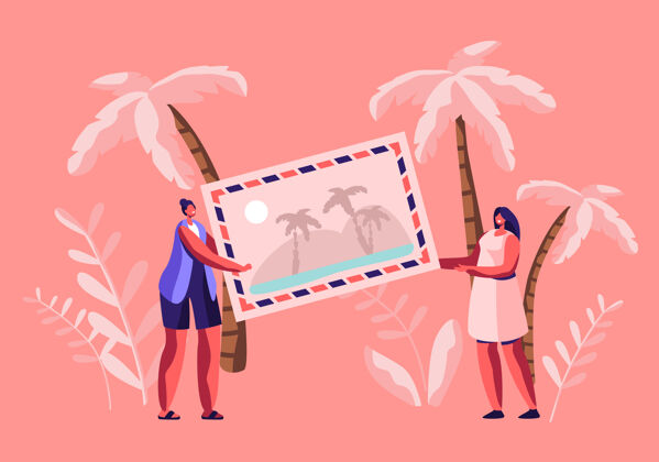 热带身材矮小的女人们拿着一张巨大的照片 上面有热带海滩和棕榈树旅游旅游多彩