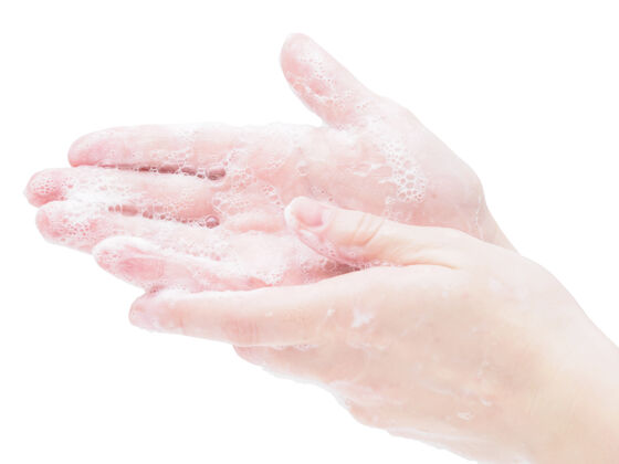 泡沫肥皂手在白色背景上特写洗手的步骤说明肥皂卫生手
