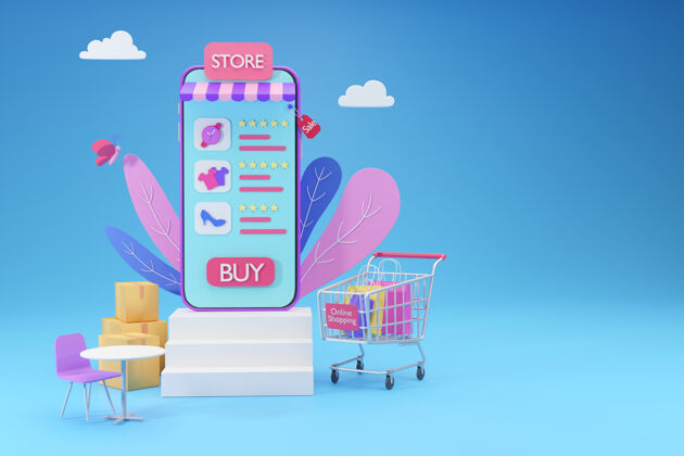 应用智能手机商店与购物在线社交媒体应用程序的概念 三维渲染购买社交商店