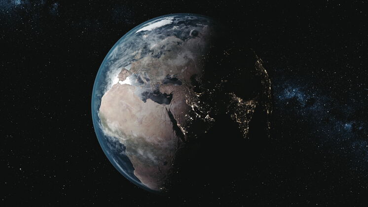 银河运动图行星地球模型与照亮大陆围绕太阳围绕银河系在空间轨道3d动画科学技术观这个媒体的元素是由nasa提供的地球模型图形
