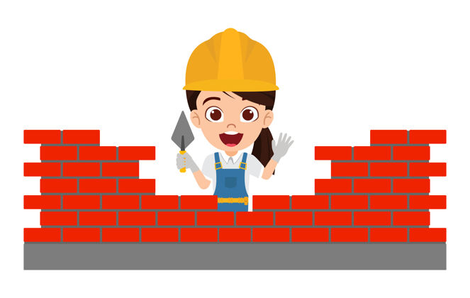 劳工快乐可爱聪明的童女性格穿着建筑工人的服装表情欢快的建筑砖墙工作女人工人
