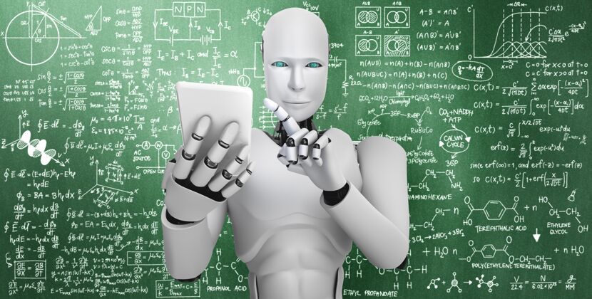 三维机器人拟人使用手机或平板电脑进行工程科学研究未来技术编程