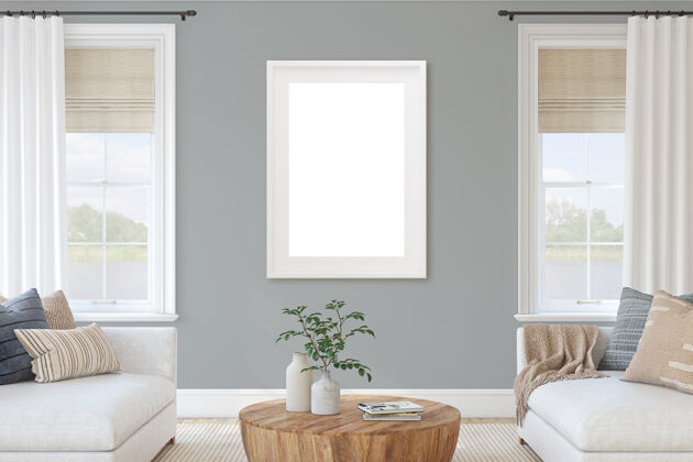 沙发现代客厅内部采用白色家具和灰色家具墙.内部和框架模型3d渲染海岸公寓沙发