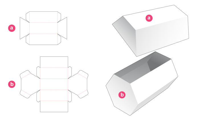 礼物长六边形礼品盒和盖子模切模板展示矩形对象