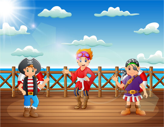 栅栏卡通海盗男女在一艘船的甲板上船长甲板自然