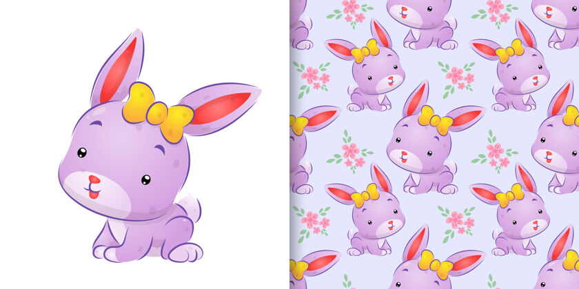 快乐无缝绘制彩色兔子与可爱的丝带在她的头插图插图极简主义微笑