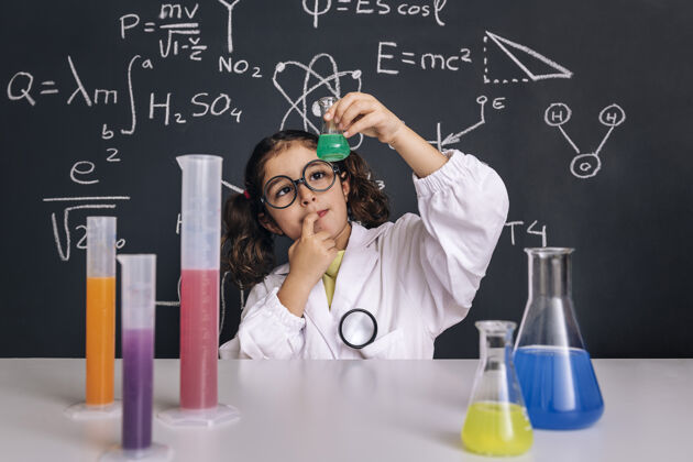 学生小科学家在找一个装有化学液体的烧瓶思考学习小学