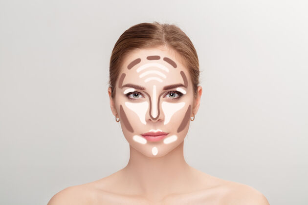 完美轮廓制造灰色的女人脸背景轮廓突出显示化妆师面部化妆样本棕色新鲜混合