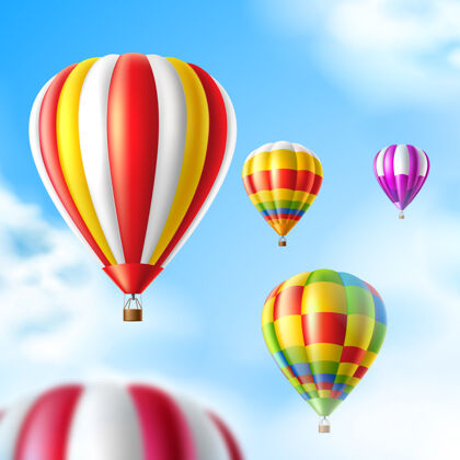 旅游蓝色天空背景上五颜六色的热气球美丽冒险日落