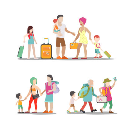 爸爸家庭度假集合人女人孩子们将有有趣的假期插图.旅行旅游生活方式收藏散步奶奶休闲