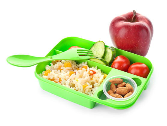 新鲜白底美味的学校午餐盒休息饮食健康