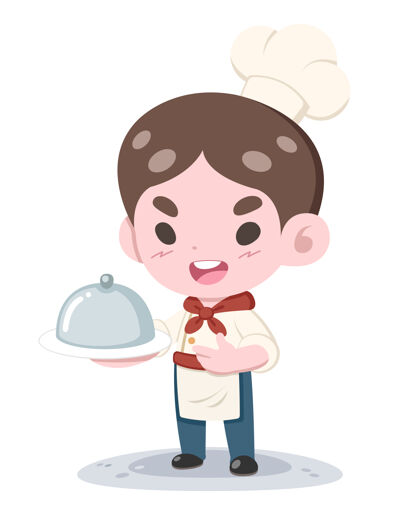 烹饪可爱风格的小厨师呈现一碟卡通帽子厨师男孩