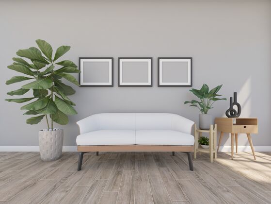 建筑灰色房间的沙发 带相框和小树 3d渲染装饰Moldura室内
