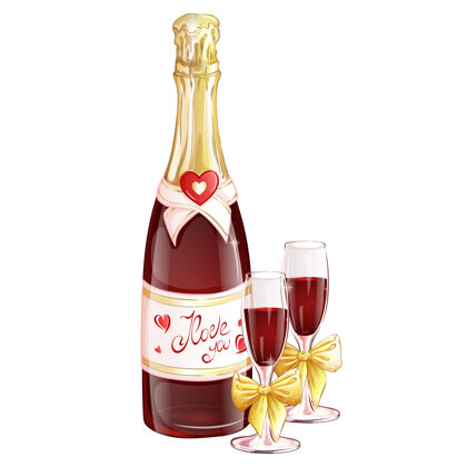 酒吧一瓶红色香槟 配两个饰有金色蝴蝶结的玻璃杯浪漫餐厅饮料