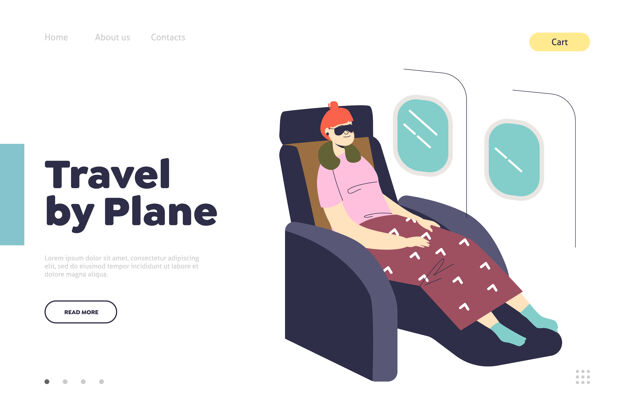 座位乘飞机旅行的概念登陆页和女人睡在飞机上旅游飞机旅游