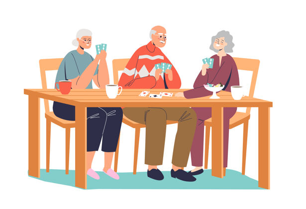 面包店一群快乐的老人打牌插画女士乐趣成熟
