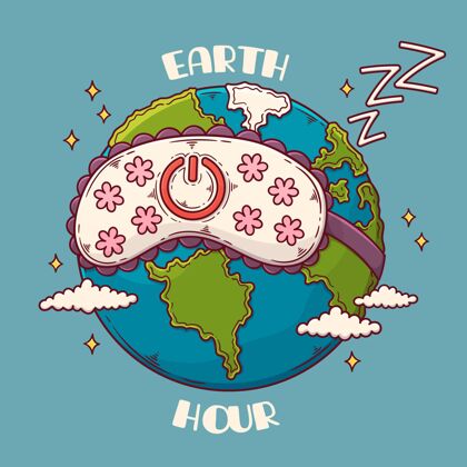 环保手绘地球一小时插图与行星和睡眠面具地球自然世界