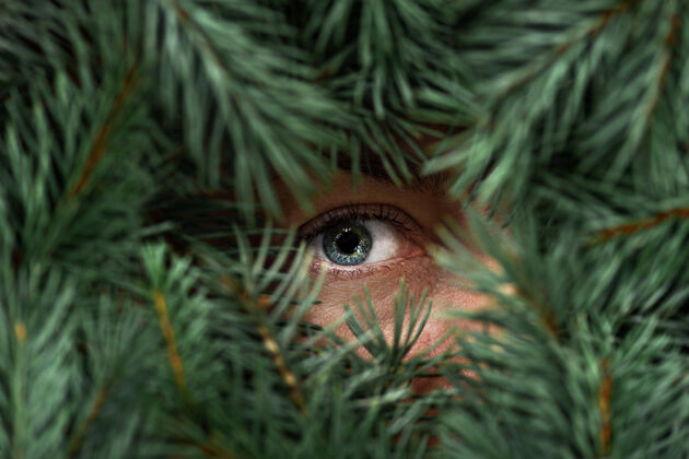 护理带着睫毛的女性蓝眼睛透过绿色云杉树枝看女人美容师皮肤