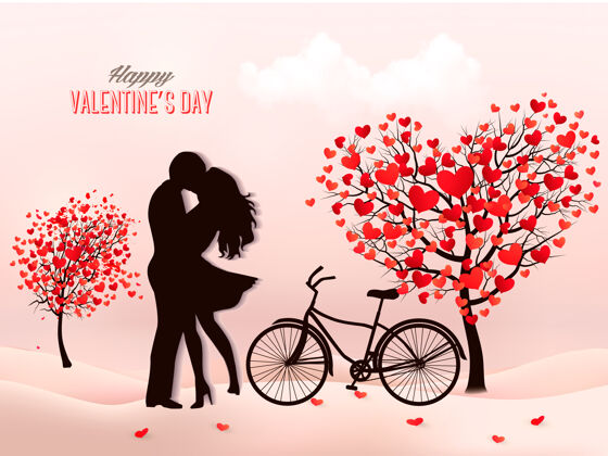 景观情人节背景是一对亲吻的情侣的剪影 心形的树和一个盒子爱婚礼快乐