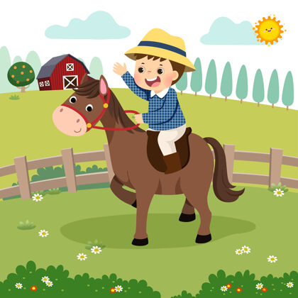 农场小男孩在农场骑马的卡通画男孩谷仓动物