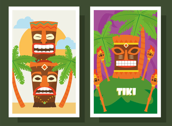 棕榈提基卡通与棕榈树标签设计夏威夷热带插画雕像热带面具