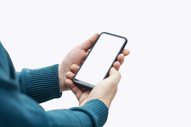 商务男子手持模拟智能手机与白色显示特写隔离在白色背景上应用程序设备空白