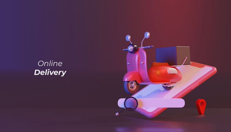 送货网上送货店红色踏板车和手机插图三维渲染3d送货数码