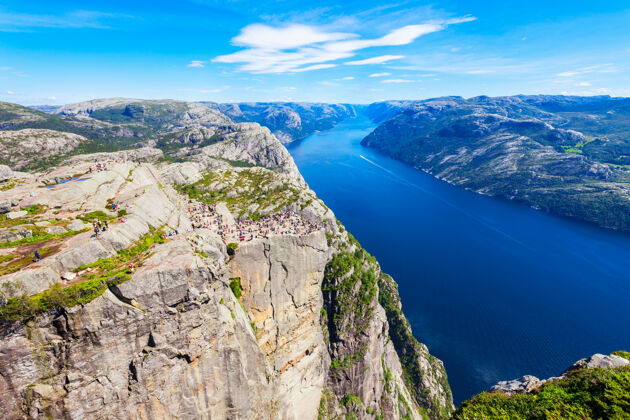 湖泊Preikestolen或prekestolen或讲坛岩石鸟瞰图 挪威斯堪的纳维亚挪威北欧
