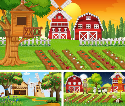 农业不同的农场场景与老农民和动物卡通人物草地结构兔子