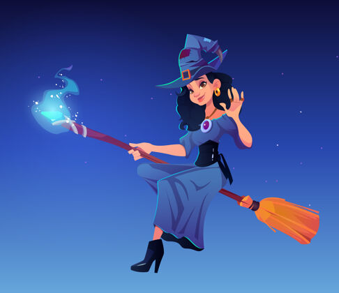 夜间魔法扫帚上的女巫卡通插图扫帚帽子帽子