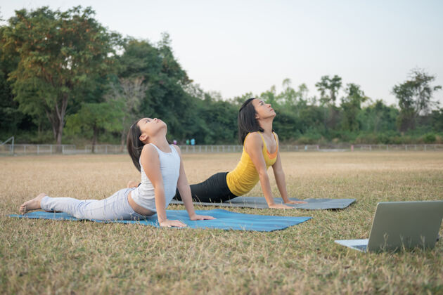 锻炼妈妈和女儿在做瑜伽在公园里训练妇女和孩子户外运动健康的运动生活方式 看瑜伽练习在线视频教程和伸展胸部和脊柱伸展视频体育