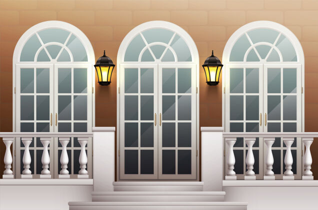 经典经典的宫殿正面与玻璃前门门廊和阳台栏杆现实现实宫殿门