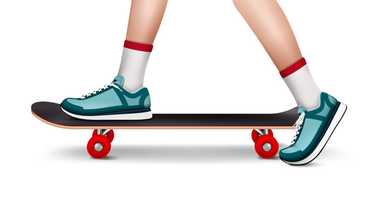 运动鞋夏日户外运动写实构图 代表青少年脚穿运动鞋的滑板滑板代表写实