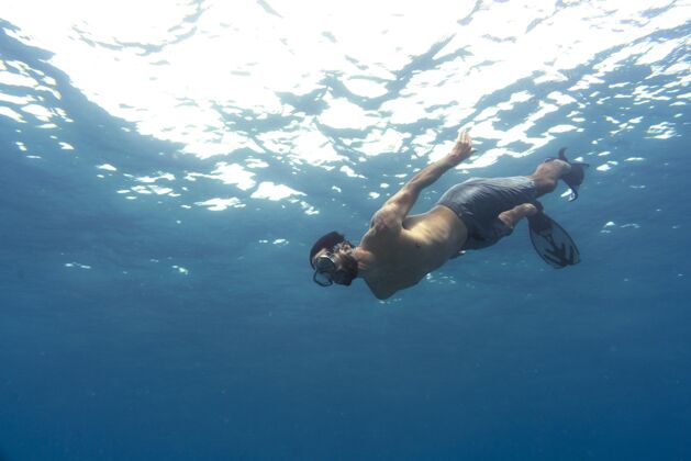 水平在水下用脚蹼自由潜水男子游泳游泳