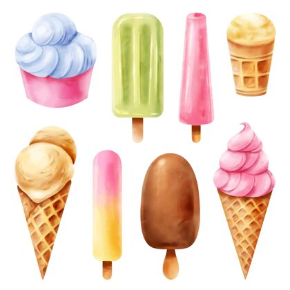 提神手绘水彩画冰淇淋系列甜点季节味道