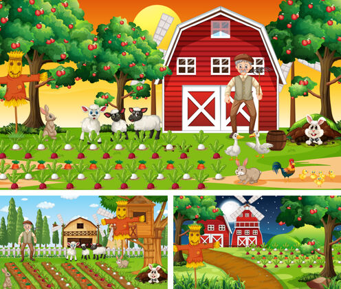 乡村不同的农场场景与农场动物卡通人物日出羔羊太阳