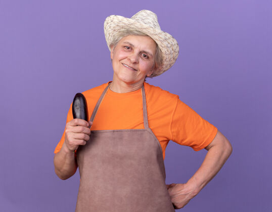 茄子高兴的上了年纪的女园丁戴着园艺帽捧着紫茄子女园艺花园