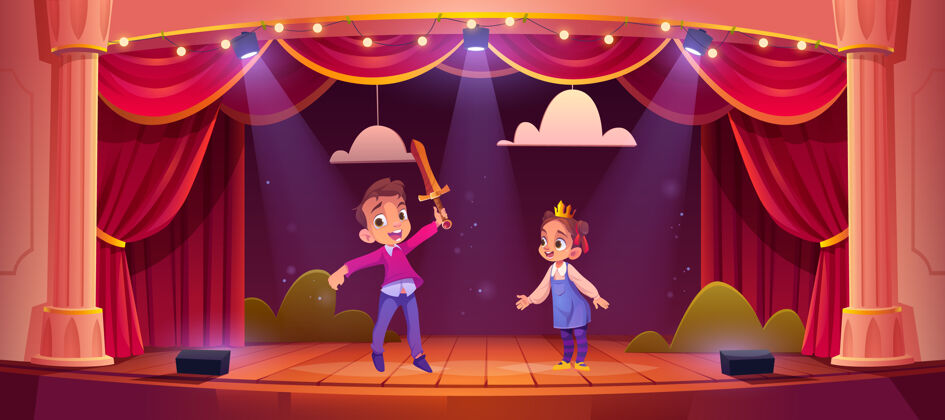 孩子在学校的舞台上 小演员们正在和骑士和公主一起演奏童话音乐会魔术人物幼儿园