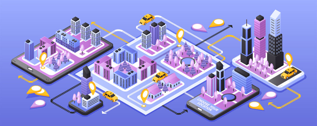 等轴测城市出租车在线服务狭窄等轴测横幅与智能手机导航应用程序上的紫色表面蓝色窄服务