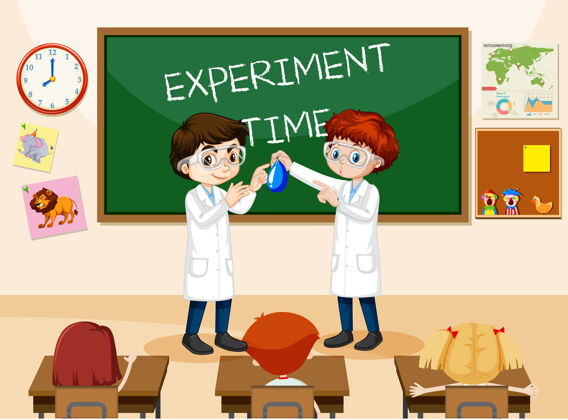 室内教室里有学生穿着实验服的场景活动化学可爱