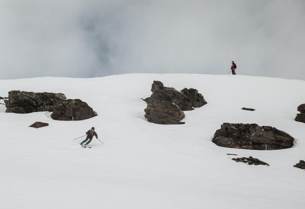 冬季远射滑雪者穿着装备活跃自然季节