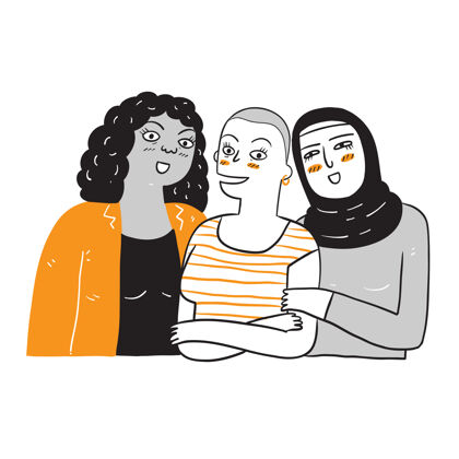 素描一群不同种族和文化的妇女用线性风格画插图女人团队多民族