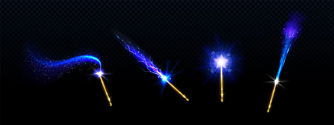 巫师带蓝色星星和闪光轨迹的魔杖星光线魔杖