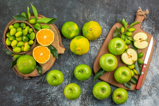 农产品顶部特写查看苹果绿色苹果与叶刀板柑橘类水果板可食用水果新鲜