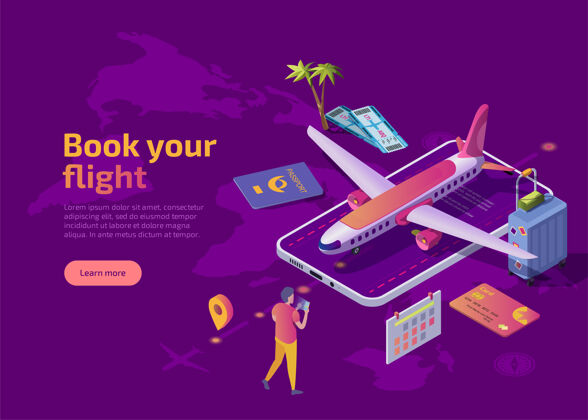 手机预订您的航班等轴测登录页紫色电话角色