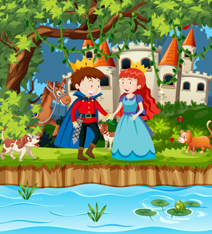 人物城堡里王子和公主的场景想象塔前面
