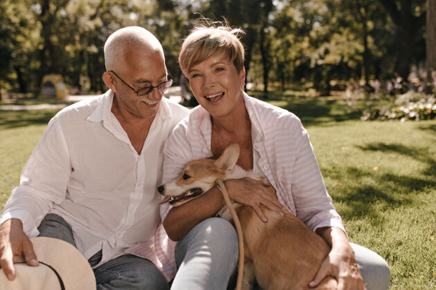 祖父母快乐的女士 金色短发 穿着粉色衬衫 笑着 抱着狗 坐在草地上 灰色头发的男人戴着眼镜在公园里夫妇退休高尔基人