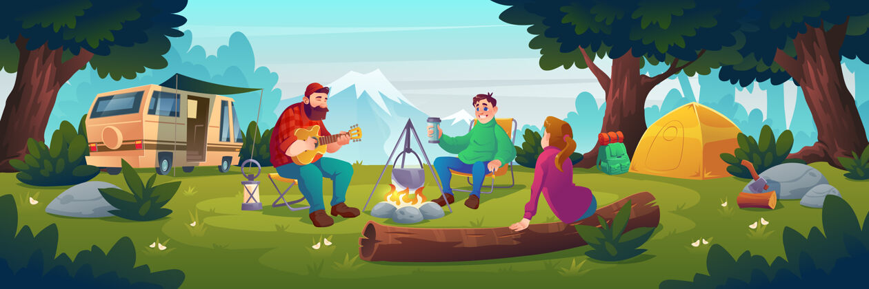 吉他有人坐在篝火旁的夏令营帐篷休闲森林